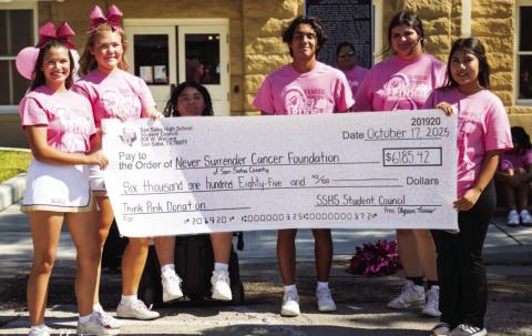 San Saba High School Student Council officers presented a check to Never Surrender Cancer Foundation of San Saba County. Pictured from left are: President Alyssia Torres, Secretary Bryli Edmondson, Vice President Camila Patino, Reporter Kevin Aguilera, Historian Sabrina Dozier, and Treasurer Ximena Cuevas. Photo by Kayti Lackey