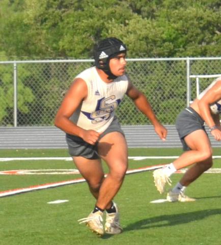San Saba High School varsity football senior linebacker Zuri Herrera drops back into defensive coverage on Wednesday, June 15th, during a Dillos 7-on-7 summer scrimmage held at Llano High School.