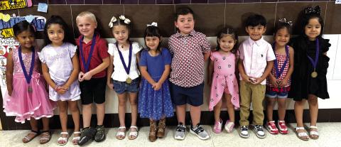 SSES PK Students with perfect attendance for the 4th 9-Weeks (L-R) *Analisa Aragon, Sofia Argote, *Casin Coleman, *Jacky Estrada, Chloie Franklin, Wyatt Franklin, Hera Lara Baez, Anderson Osorio Castaneda, *Kairi Pryor, *Zoe Valdez