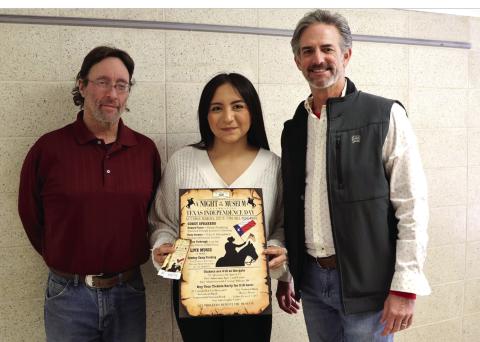 Natalia Sanchez, digital graphics student at San Saba High School, was recognized for designing this year’s A Night at the Museum poster. She received four tickets to the event, happening on March 4. Pictured from left to right is her teacher, Darryl Cash; Natalia; and San Saba County Museum board member, Scott Snyder.