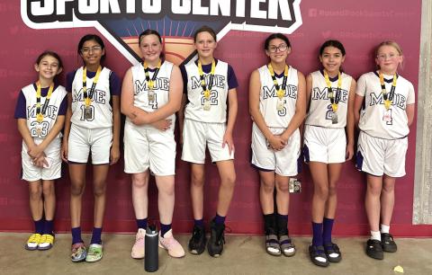 MOE Basketball picked up a second place finish at the 2026 TXBA 'Battle on Lake Travis Travis' basketball tournament on Saturday, April 2. MOE had wins over OBT Hoops 31-4, Centex Attack 38-23, before falling to tournament champ Salado Tribe. Team members are, left to right: Stella Smith, Aliah Davila, Albany Dudley, Summer Stanton, Kennedy Lopez, Evelyn Macedo, and Lilly Gilliam.