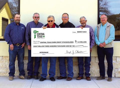 Central Texas Farm Credit Board of Directors approved a record, all cash patronage refund to customers. Board members pictured left to right: Robby Halfmann, Philip Hinds, Burl Lowery, Steven Lehrmann, Mike Finlay, and Gerald Rodgers. Not pictured: Kenneth Harvick
