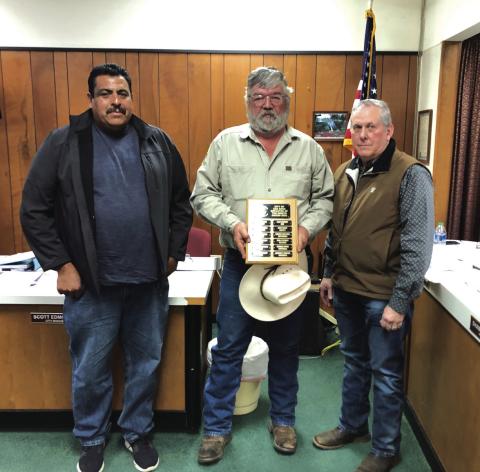 Employee of the Month for March was awarded to Darrel Lackey, Street Department Employee. Participating in the presentation were Street Department Supervisor Luis Rios to Darrel's right and Mayor Ken Jordan to his left. Photo submitted by Sabrina Maultsby