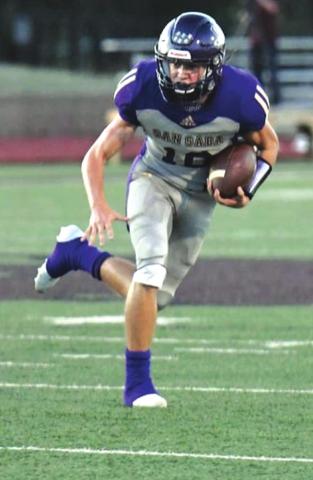 San Saba High School varsity football junior running back Wesley Lackey (10) gains yardage on October 9, 2020, during the Dillos' 64-6 blowout victory over District rival Goldthwaite High School at neutral site, Gordon Wood Stadium in Brownwood. (Photo Courtesy of Rita Boultinghouse)