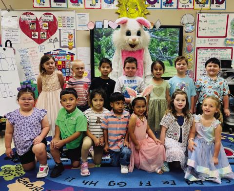 The Easter Bunny came to celebrate with Mrs. Cooper's PK4 class! Front Row (kneeling): Gabby Diaz, Macon Amthor, Sofia Argote, Dylan Nunez, Arlet Rodriguez, Harper Pierce and Kenlee Cooley. Back Row (standing): Willow Locker, Cason Coleman, Jayden Carbajal Ortiz, Wyatt Franklin, Romina Perez Cruz, Leo Collins and Gavin Valles.