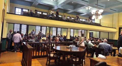 The renovated Courthouse was dedicated on March 5, 2020. For the first time since this renovation, the balcony had to be opened to accommodate this record-breaking crowd. This photo was taken before the meeting - and before everyone had arrived. Photo courtesy of Cathy Ledbetter