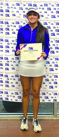 Congratulations to Cinzlea Stanton as she qualified for the 2A state tournament. Cinzlea will be playing at the Lions Municipal Golf Course in Austin, TX on May 15th-16th. Submitted by Jake Lackey