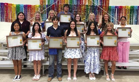San Saba honor students from Left to Right: Evelyn Davila, Esperanza Baez-Garcia, Acey Mask, Rihanna Morgan, Jessica Nguyen, Aaliyah Patino, Luz Aguado, Anna Millican, Haleigh Ware, Stetson Allison, Haley Price, Gracen Shahan, Cinzlea Stanton, and Carol Cazares Tagle Courtesy of Beth Griess