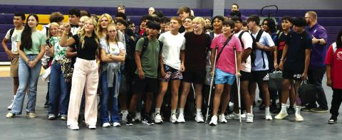 These San Saba High School Freshmen students gather to sing the San Saba Alma Mata on the first day of school.