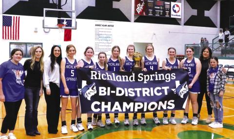 L to R: Kinzlee Salas, Coach Eckert, Coach Martin, MacKenzie Schuessler, Calyn Kubin, Rylie Eckert, Lili Appleton, Ryleigh Bryant, Raegan Wright, Maggie Bryant, Jadyn Fleming, Coach Chandler and Brylee Chandler. Lady Coyotes played their bi-district game Monday night in Bangs. They beat the Blanket Tigers 100-34. The Lady Coyotes will be in Area against Gordon on Friday, February 17, in Hamilton at 6:00 p.m.