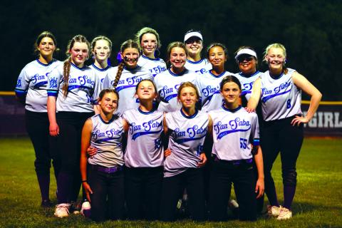 San Saba 15U girls Softball team opens the season with a 14-1 win over Mason Saturday, March 29. Group photo: Azerleigh Cummings, Payton Baskin, Emily Mays, ZoeyTurner, Brooklyn Carrington, Bailey Huff, Coach Kloey Guerrero, Eliana Crain, Coach Dynasty, and Hanah Sivells (kneeling): Grace Younggreen, Brylee Chandler, Kaylee Salas, and Macy Mask.