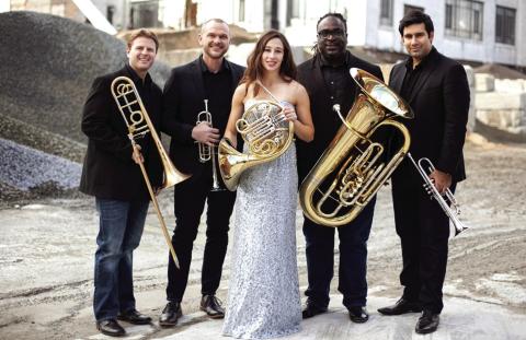 Alias Brass Company (L-R): Tim Dueppen, trombone; T.J. Tesh, trumpet; Natalie Higgins, horn; Clayton Maddox, tuba; and Jon Bathia, trumpet. Courtesy of Terry Collier | Fredericksburg Music Club