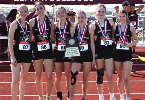 RS High School Cross Country (l-r): Kinzley Daly, Mallory Okerson, Raegen Eckert, Rylie Eckert, Paige Bailey, and Emma Bryant