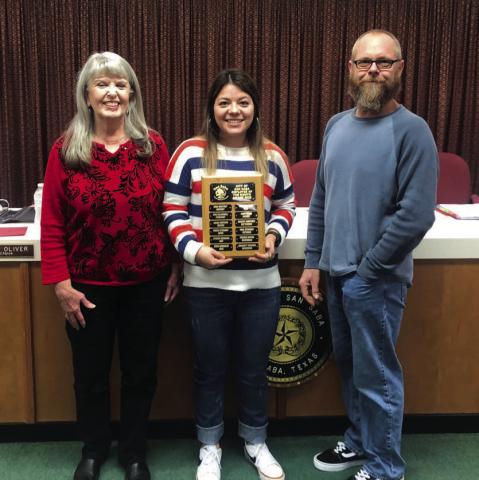 Bridgett Macedo, Utility Billing Coordinator, was given the Employee of the Month for December. Taking part in the presentation were Charlene Lindsay, City Treasurer, (to Bridgett's right) and Alderman Michael Nelson (to Bridgett's left). Bridget received a gift certificate to a local restaurant, and her name was engraved on a designated Employee of the Month plaque. Congrats, Bridgett! Photo by Scott Glaze