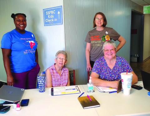 Baylor Scott & White Health Blood Drive Check-In Table Standing: Brittany B. (Baylor Scott &amp; White/Temple)and Casey Hobbs (Baylor Scott &amp; White/ Temple); Sitting: Sandra Keys (Community Volunteer) and Marsha Hardy (San Saba County Emergency Management Coordinator)