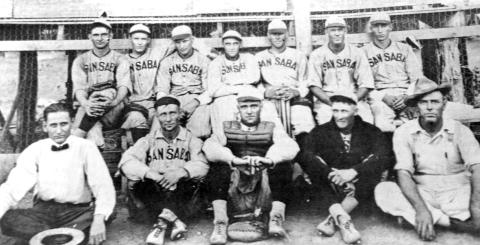 TEAM OF THE PAST–– The year is 1921 or 1922 and it was time out for a picture. Our thanks to Azalea Smith Burt who submitted the picture in memory of W. R. Smith. In the front row (l-r) are Louis Richardson, Clarence (Boog) Smith, Prentis Smith, Dick Robbins and Alec Casbeer, manager. Back row: Jess Smith, Terry Walker, Edgar (Farmer) Jones, Floyd (Hootie) Thorp, Roy Taylor, Irby Johnson and Nelson Gaddy.
