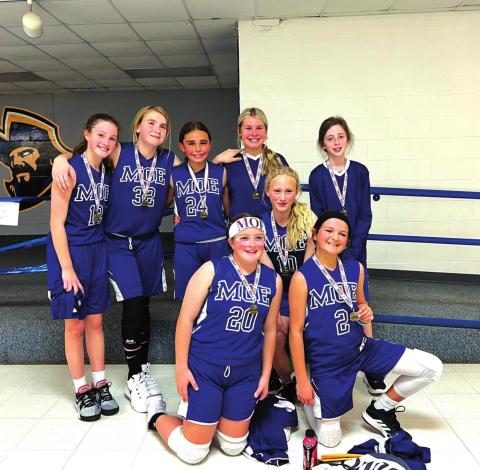 Team members are as follows: (Top row, left to right) Berkley Lengefeld, Blayklee Reed, Emma Johnson, Brooklyn Allison, and Sofia Bagley. Bottom row, left to right: Baya Baskin, Kloey Smith, and Emma Ensor.