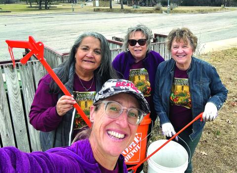 Tina Gunter of the San Saba Garden Club (SSGC) organized a Tuesday morning cleanup of Mill Pond Park a while back. She’s pictured here in front, with Dianna Furlan, Juanita Profitt, and Debbie Shahan ready to roll! See more fun photos on Page 2!