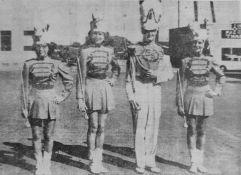 October 1, 1953–TO LEAD BAND––Drum Major Gordon Clark and Majorettes Barbara Shaw (left), Jo Garrett and Bobbie Locker will pace the San Saba High School Band at the football games Friday nights in its performances between halves. San Saba is expected to field a marching band of about 30 members.