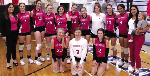 Pictured (l-r): Coach Dara Chandler, #1 Paige Bailey, #12 Flora Appleton, #25 Calyn Kubin, #24 Kinzlee Salas, #33 Jadyn Fleming, #11 Rylie Eckert, Bear Rigdon, #13 Raegan Eckert, #4 Amarrea Thomas, Coach Marci Martin Bottom Row: #23 Maggie Bryant, #3 Joyslynn Mask, #2 Emma Bryant Photo Richland Springs Coyote Booster Club