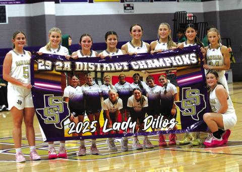 Lady Dillos 29-2A District Champions (L-R): Addy Hay, Brooklyn Allison, Ema Argote, Aaliyah Patino, Cinzlea Stanton, Olivia Sebastain, Chassidy Gonzales, Kloey Smith, Baya Baskin