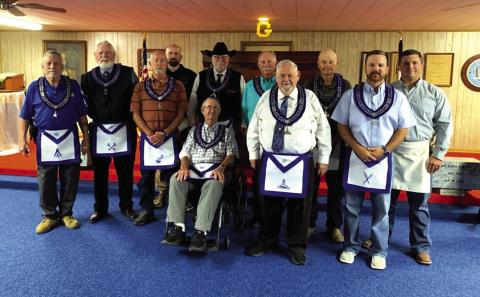 Elected officers for the 2024-2025 and its members of San Saba Lodge 612 Back Row: John Easler (Senior Deacon), Billy Don Edmondson (Treasurer), Steve Brister (Junior Steward), Chris Daniels (Member), Les Hammett (Worshipful Master), Frank Pearce (Junior Warden), and Mike Ivey (Junior Deacon) Front Row: Roy Jones (Tiller), John Rhoades (Senior Warden), Jake Lackey (Secretary), and Mason Murr (Member)