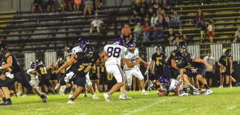 Ball’s out- San Saba defense making big plays against Goldthwaite as #51 Uriel Mendoza falls on top of a lose ball.