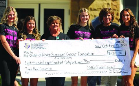 San Saba High School Student Council officers present a check to Never Surrender Cancer Foundation of San Saba County. Pictured from left are: Vice President Anna Millican, Treasurer Aaliyah Patino, Donna Shahan with Never Surrender, President Gracen Shahan, Dora Miller with Never Surrender, and Secretary Cinzlea Stanton. Photo by Kayti Lackey