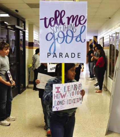4th grader Yadia Macias and 4th grade students leading SSES in the “Tell Me Something Good Thanksgiving Parade!”